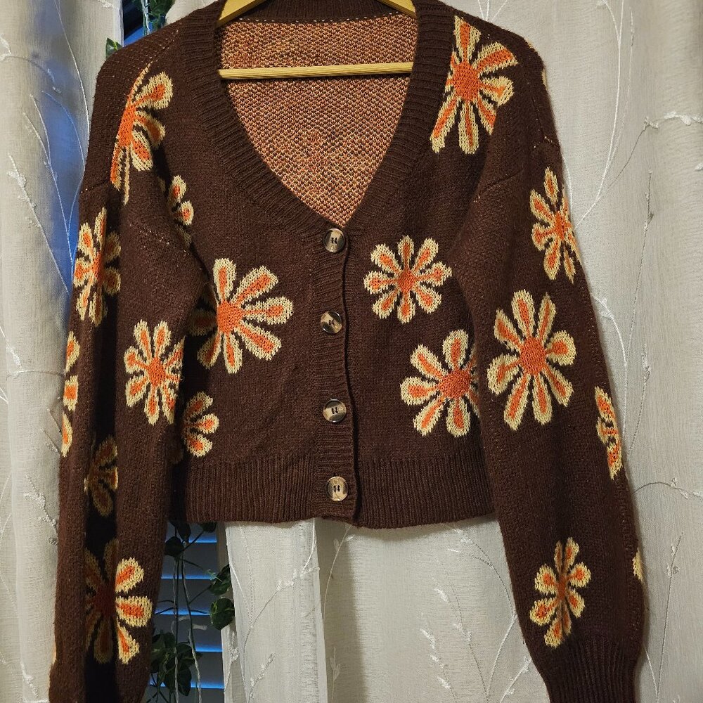 Brown boho cardigan with flowers  (M-L)
